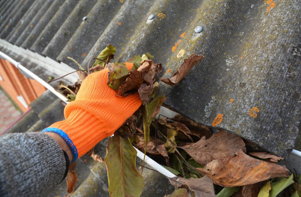 A gloved hand removes fallen leaves and debris from a clogged roof gutter filled with organic buildup.